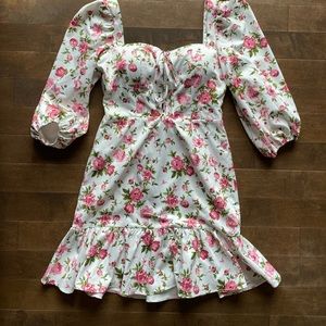 corset style floral short dress puff sleeve